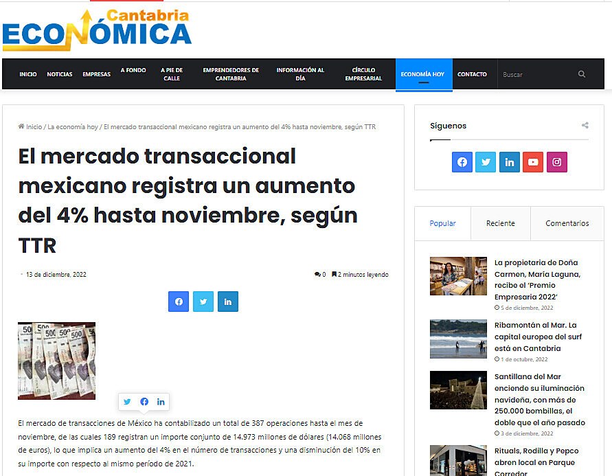 El mercado transaccional mexicano registra un aumento del 4% hasta noviembre, segn TTR